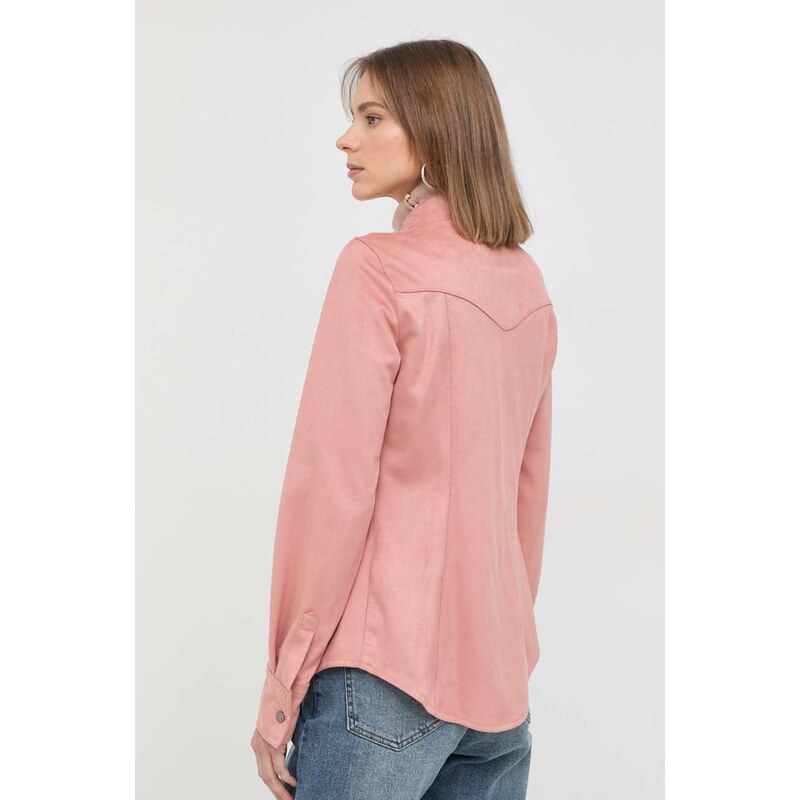 Риза Guess дамска в розово със стандартна кройка с класическа яка