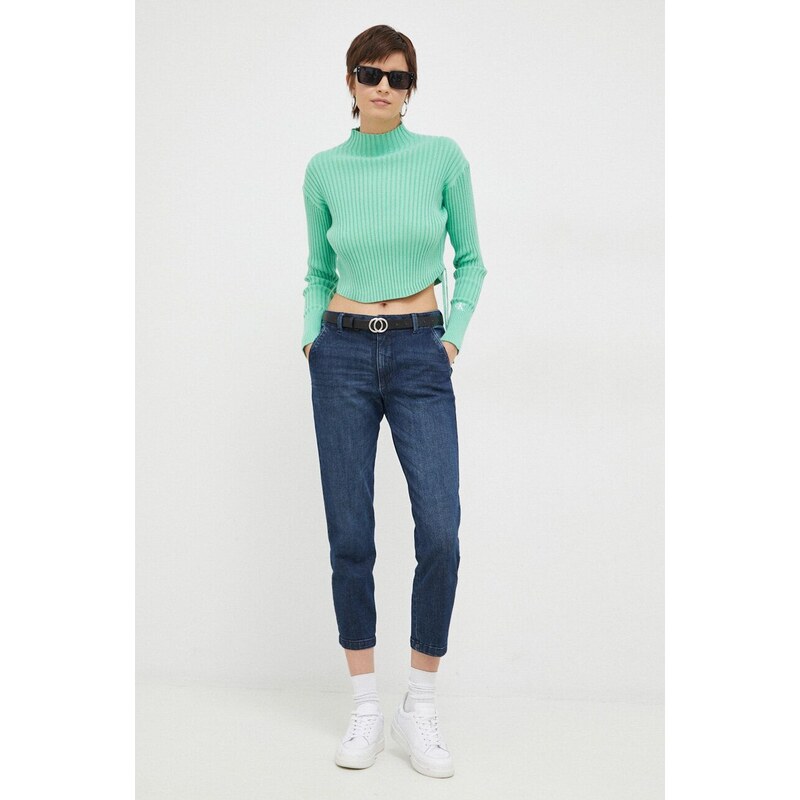 Памучен пуловер Calvin Klein Jeans в зелено от лека материя с ниско поло