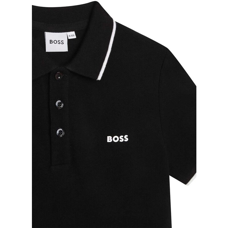 Детска памучна тениска с яка BOSS в черно с принт