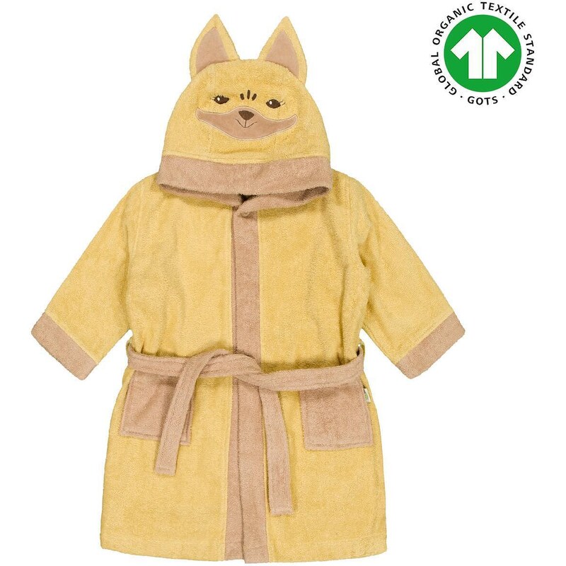 Детски халат от органичен памук, жълт, с апликация на лисиче, Bio Baby
