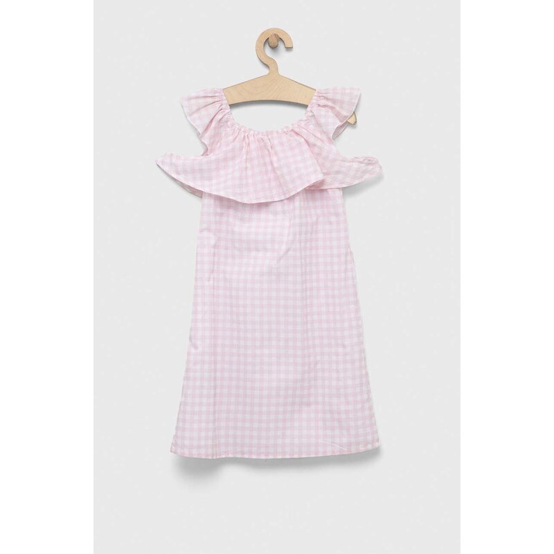Детска памучна рокля Guess в розово къс модел със стандартна кройка