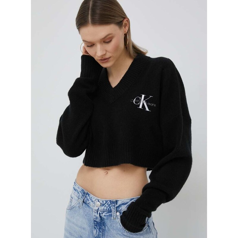 Пуловер с вълна Calvin Klein Jeans дамски в черно