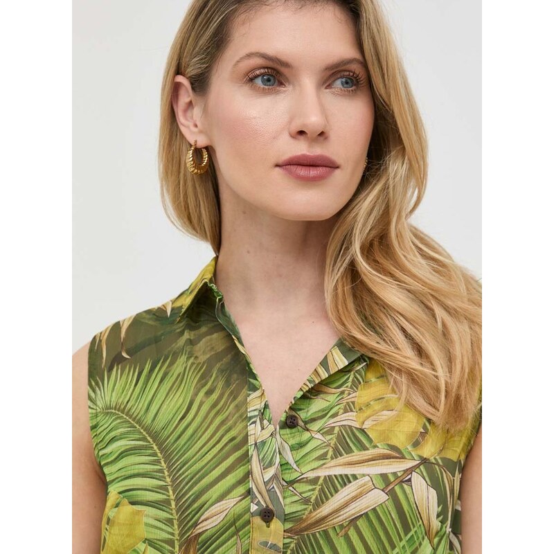 Риза Guess дамска в зелено със свободна кройка с класическа яка