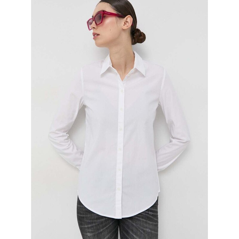 Риза Armani Exchange дамска в бяло с кройка по тялото с класическа яка