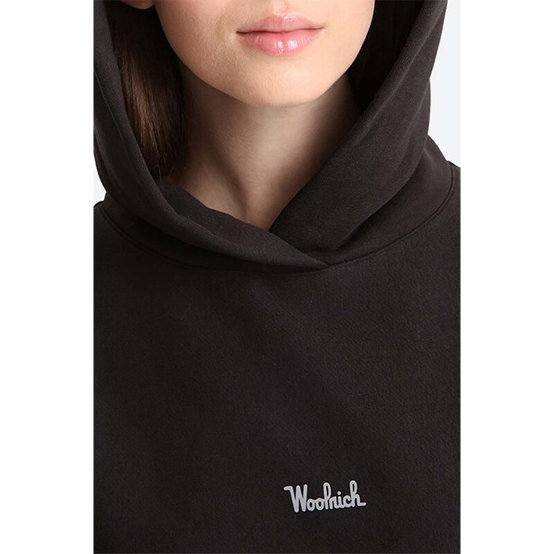 Суичър Woolrich Logo Fleece Hoodie CFWWSW0068FRUT281 в черно с качулка с изчистен дизайн