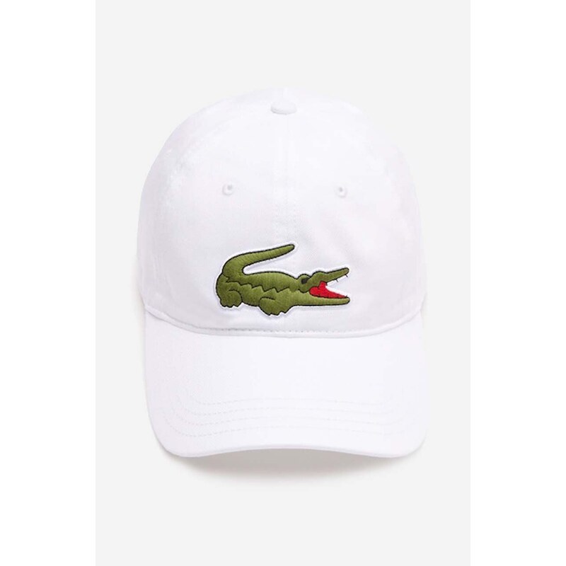 Памучна шапка с козирка Lacoste в бяло с апликация