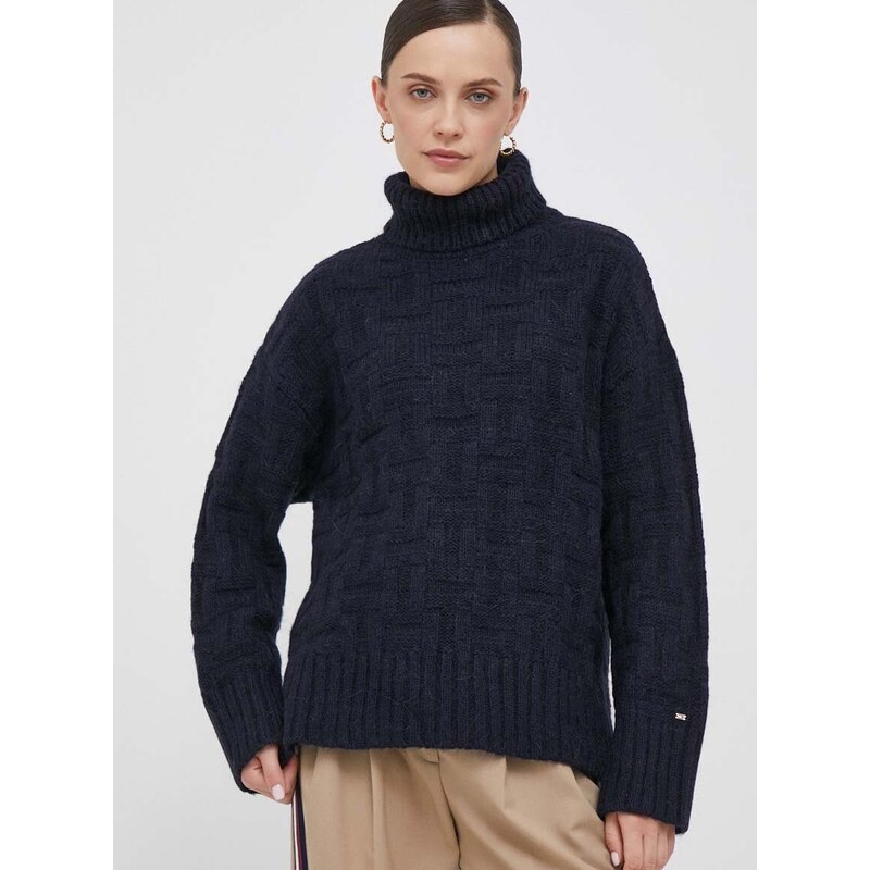 Пуловер с вълна Tommy Hilfiger дамски в тъмносиньо от топла материя с поло