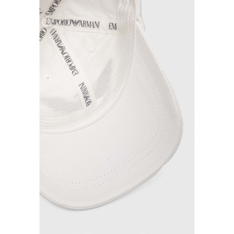 Детска памучна шапка с козирка Emporio Armani в бяло с апликация