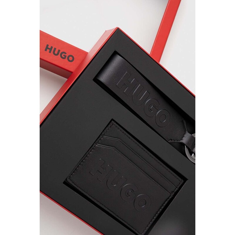 Кожен калъф за карти и ключодържател HUGO в черно