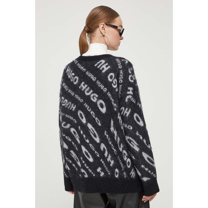 Пуловер с вълна HUGO дамски в черно от лека материя
