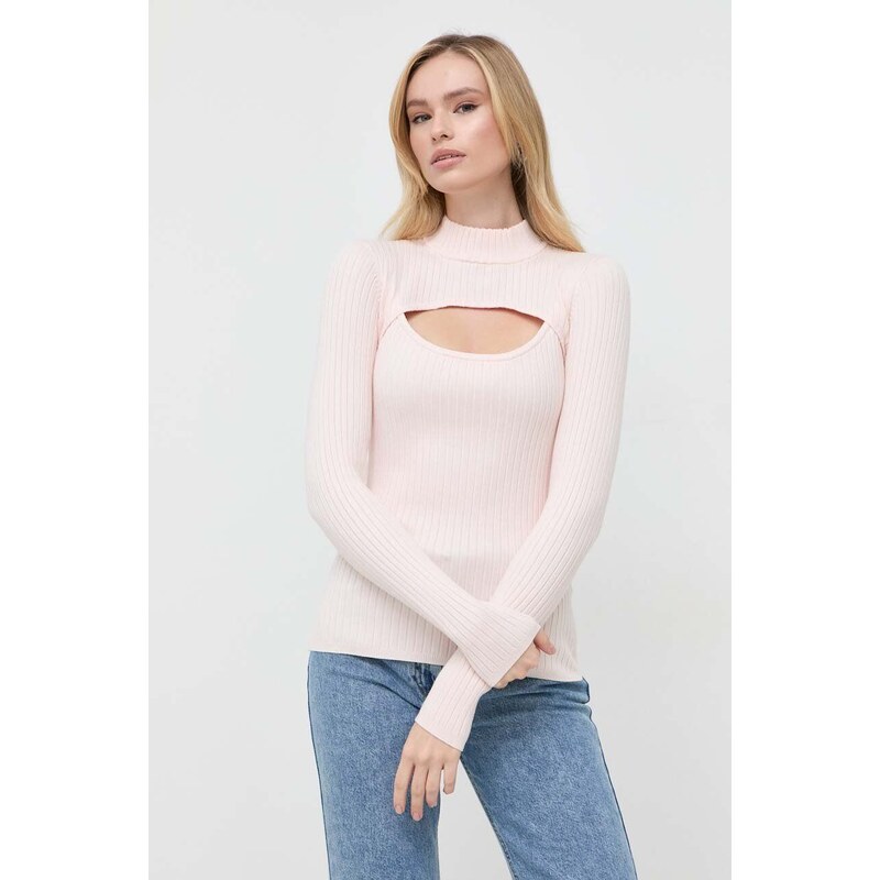 Пуловер Guess дамски в розово от лека материя с ниско поло
