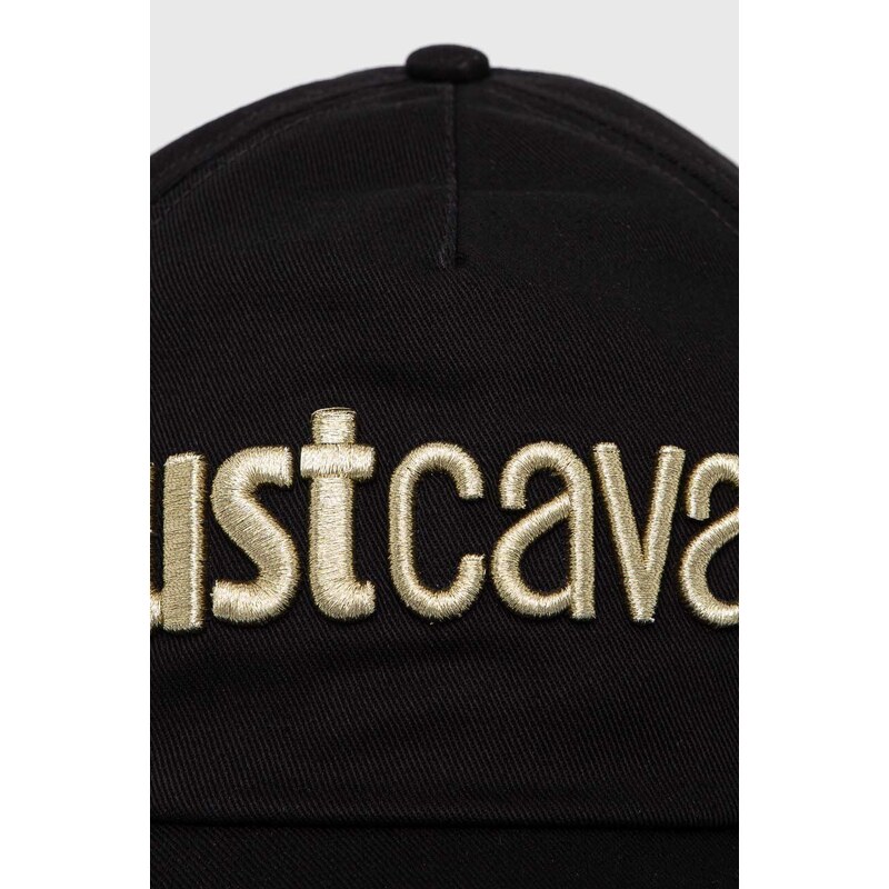 Памучна шапка с козирка Just Cavalli в черно с апликация