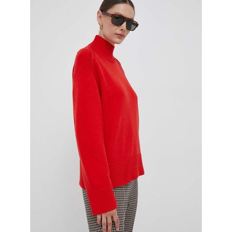 Пуловер с вълна Tommy Hilfiger дамски в червено с ниско поло WW0WW39903