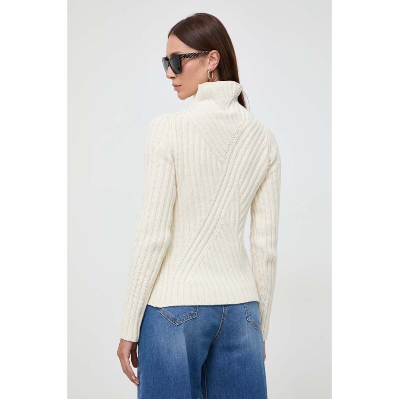 Вълнен пуловер BOSS дамски в бежово от топла материя с ниско поло