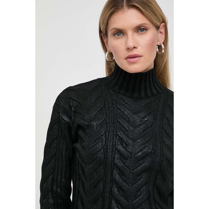 Пуловер с вълна Guess дамски в черно с ниско поло
