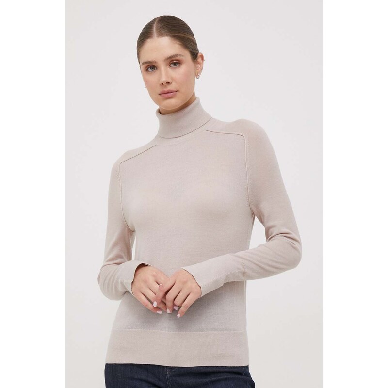 Вълнен пуловер Calvin Klein дамски в бежово от лека материя с поло