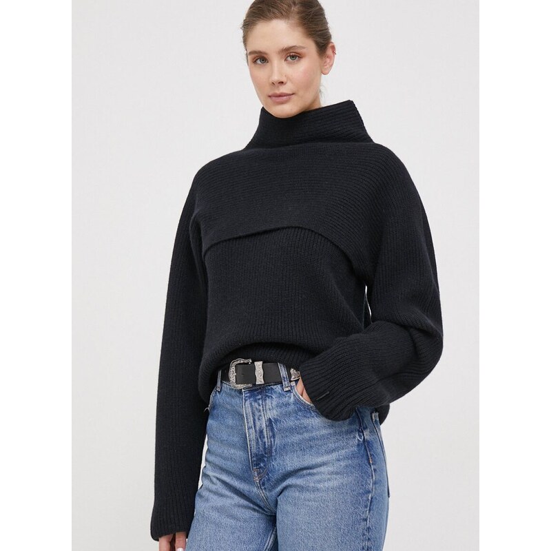 Вълнен пуловер Calvin Klein дамски в черно от топла материя с поло