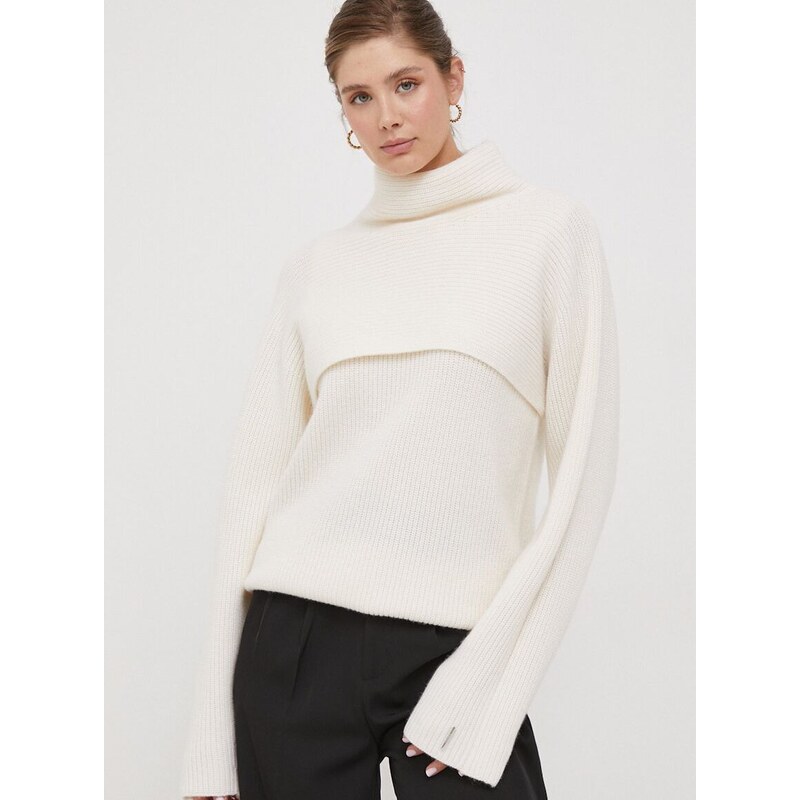 Вълнен пуловер Calvin Klein дамски в бежово от топла материя с поло