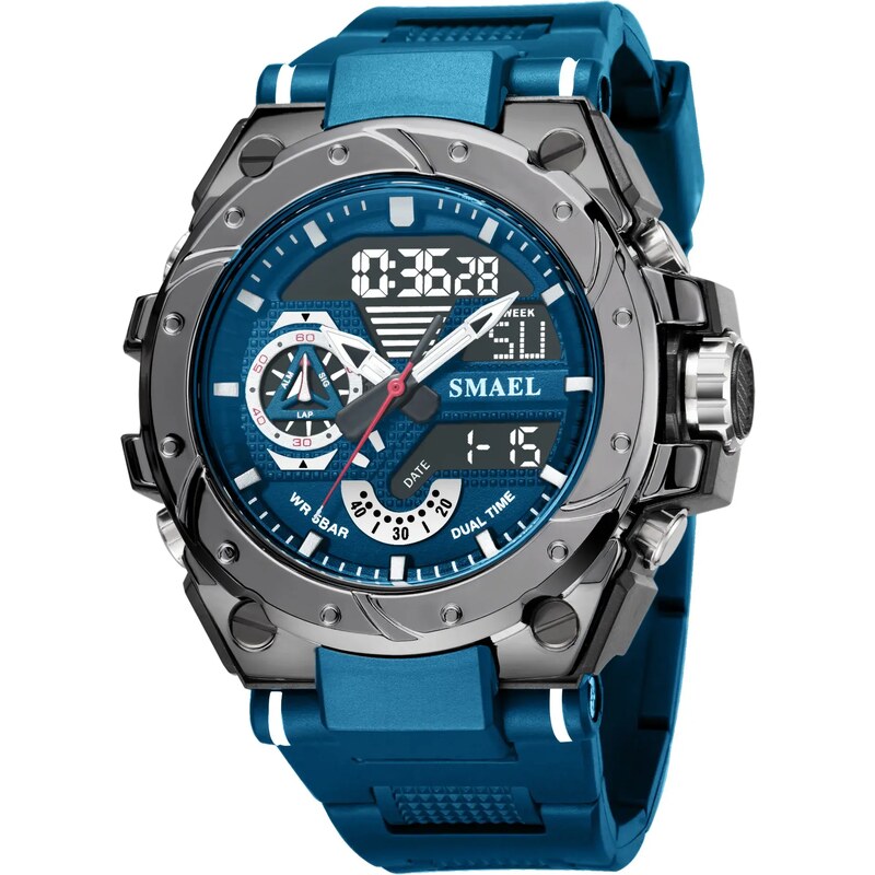 Спортен мъжки часовник Smael Sport Shock, Двойно време, Хронограф, LED Подсветка, Син / Черен