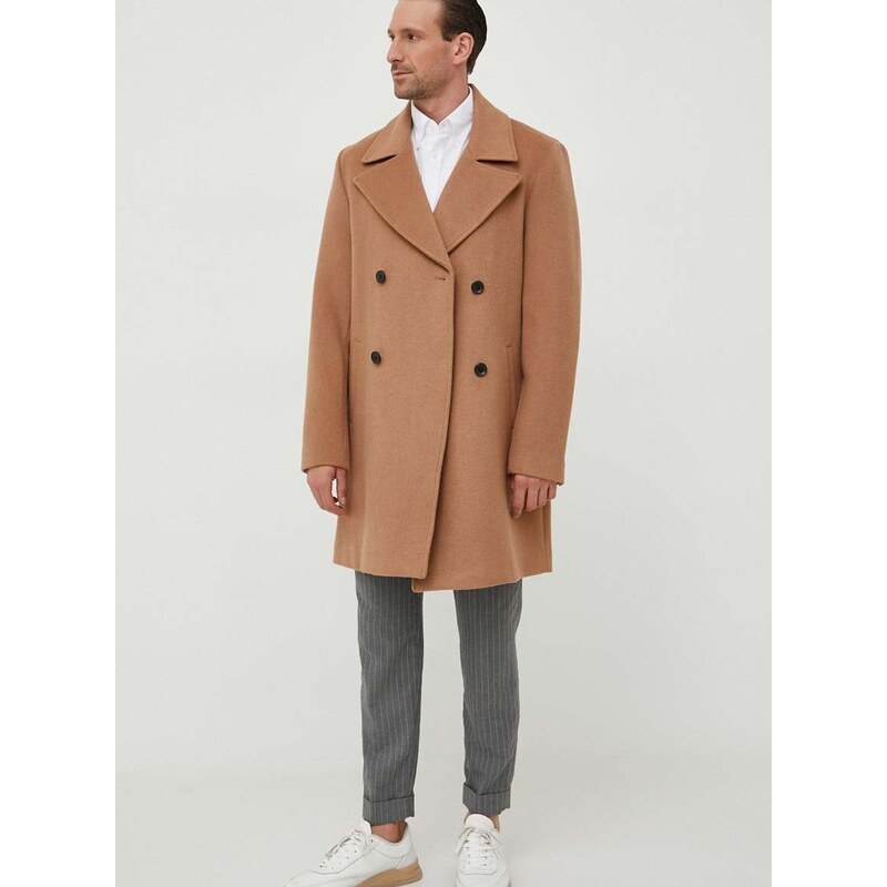 Вълнено палто Guess в кафяво преходен модел с двуредно закопчаване