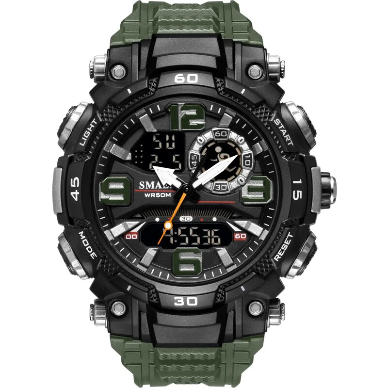 Спортен мъжки часовник Smael Vitality, Двойно време, Хронограф, LED Подсветка, Зелен / Черен