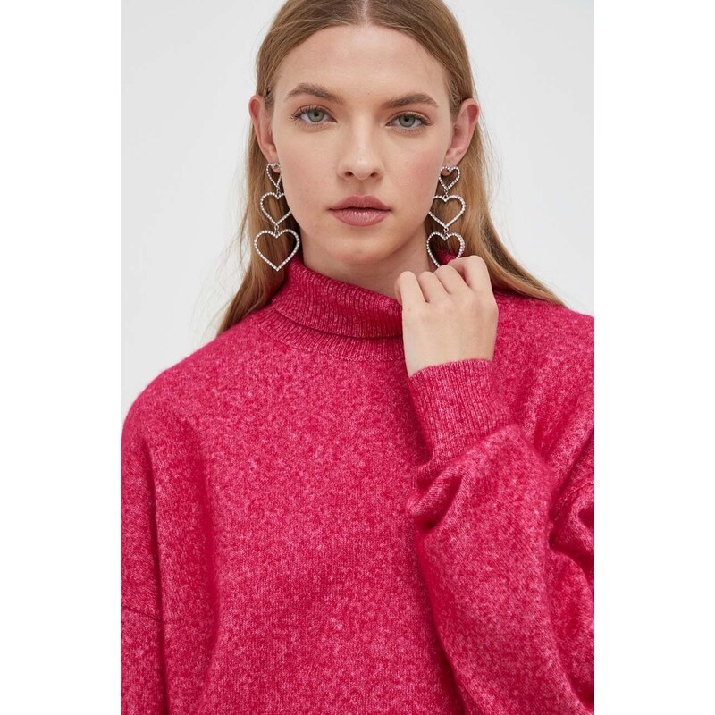 Вълнен пуловер HUGO дамски в розово от лека материя с поло