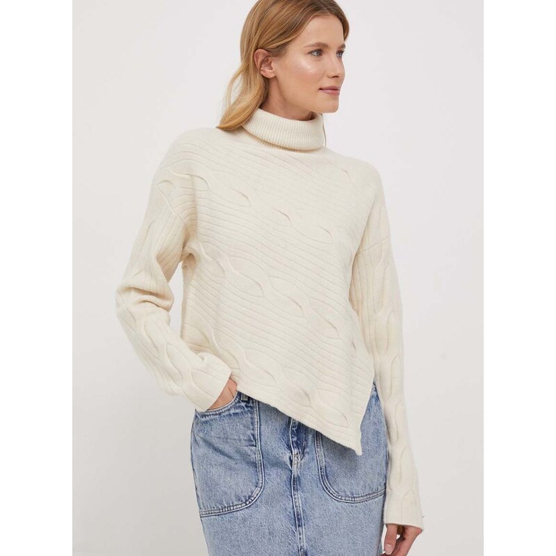 Пуловер с вълна Calvin Klein дамски в бежово с поло K20K206016