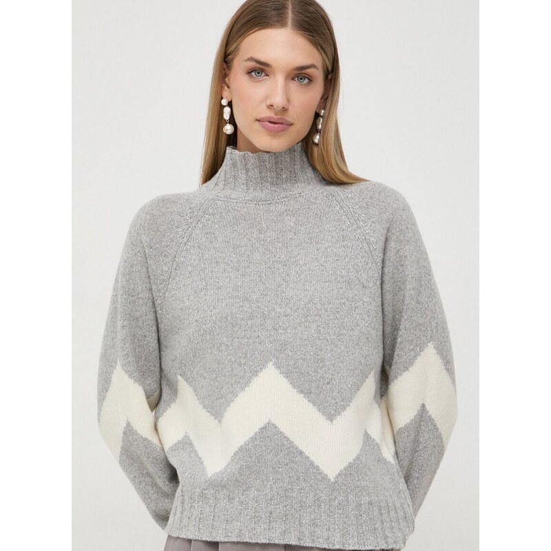 Вълнен пуловер Marella дамски в сиво с ниско поло