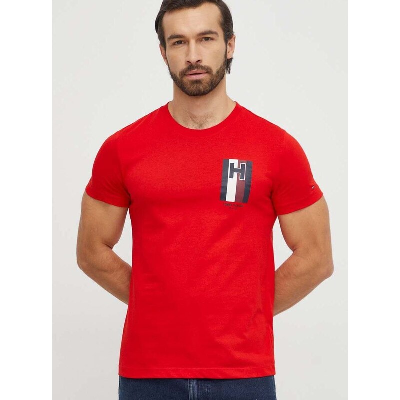 Памучна тениска Tommy Hilfiger в червено с принт MW0MW33687