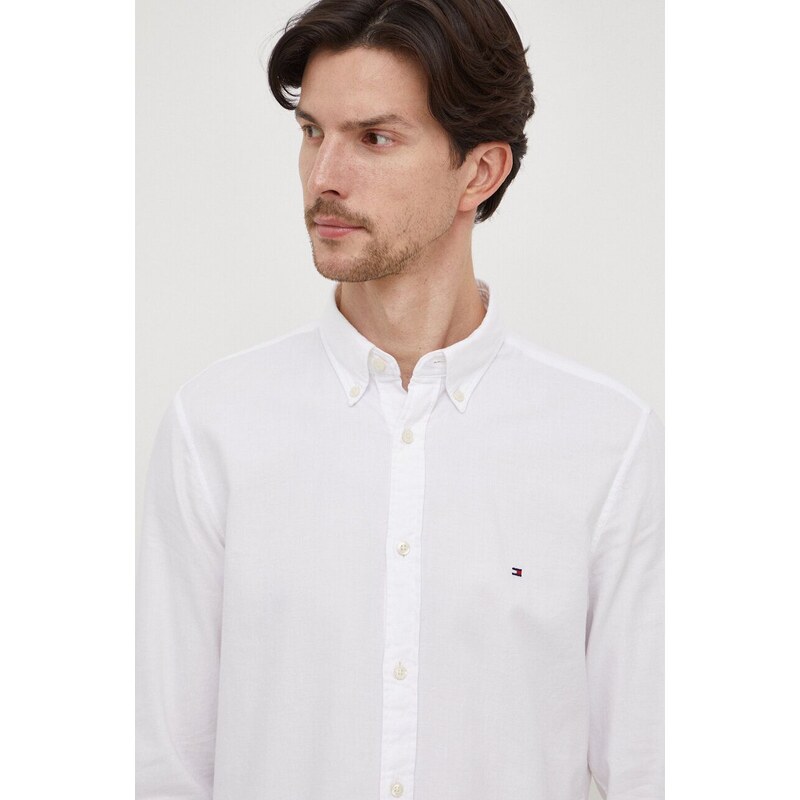 Памучна риза Tommy Hilfiger мъжка в бяло с кройка по тялото яка копче MW0MW33782