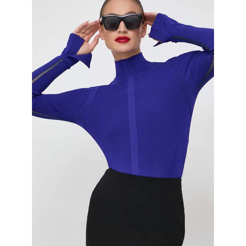 Пуловер BOSS дамски в синьо от лека материя с ниско поло