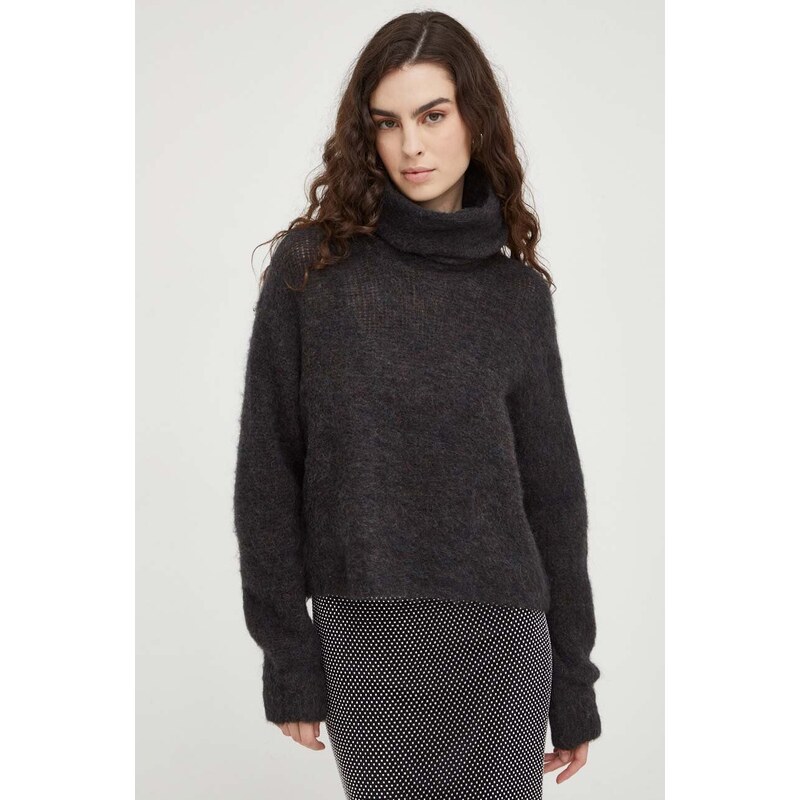 Вълнен пуловер American Vintage дамски в черно от топла материя с поло