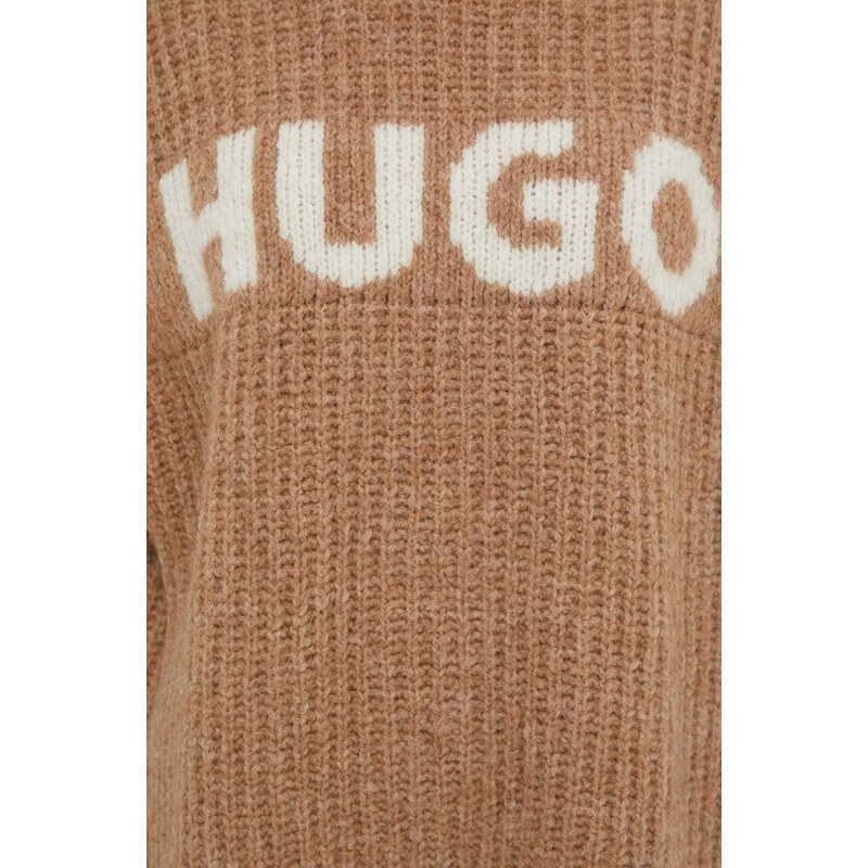 Вълнен пуловер HUGO дамски в кафяво от топла материя