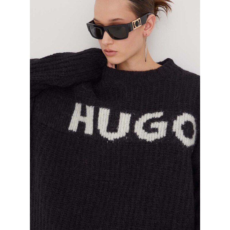 Вълнен пуловер HUGO дамски в черно от топла материя