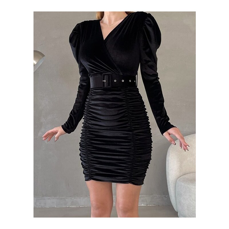 Creative Елегантна дамска рокля с колан в черно - код 82015