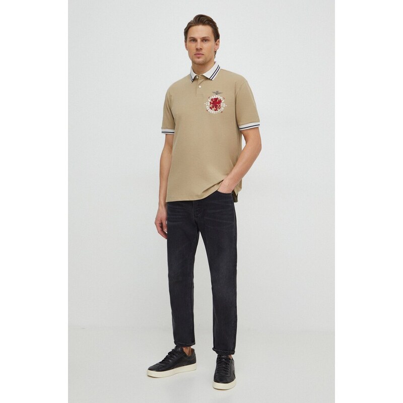 Памучна тениска с яка Aeronautica Militare в бежово с принт PO1751P309