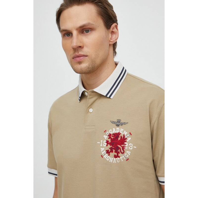 Памучна тениска с яка Aeronautica Militare в бежово с принт PO1751P309