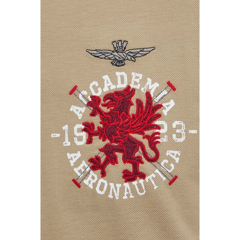 Памучна тениска с яка Aeronautica Militare в бежово с принт PO1751P309
