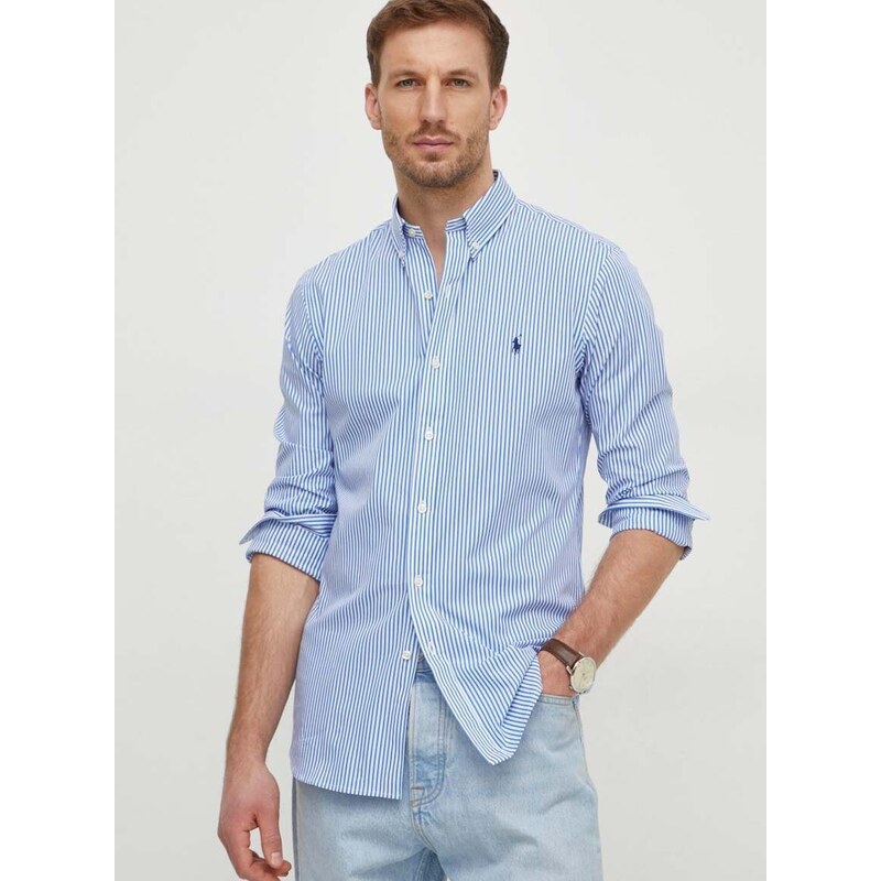 Риза Polo Ralph Lauren мъжка в синьо с кройка по тялото яка копче 710929344