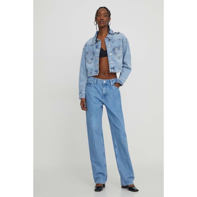 Дънково яке Moschino Jeans в синьо преходен модел с уголемена кройка
