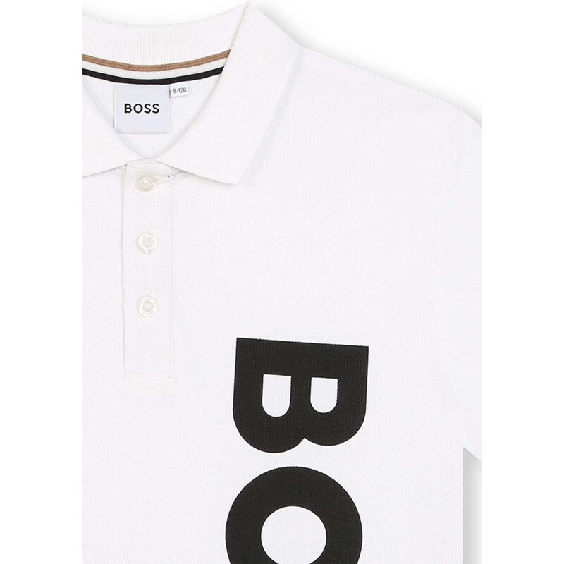 Детска памучна тениска с яка BOSS в бяло с принт