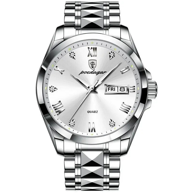 Мъжки часовник Poedagar CS1405, неръждаема стомана, сребрист, бял циферблат