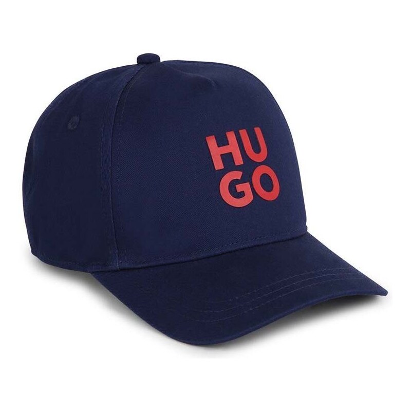 Детска памучна шапка с козирка HUGO в тъмносиньо с апликация