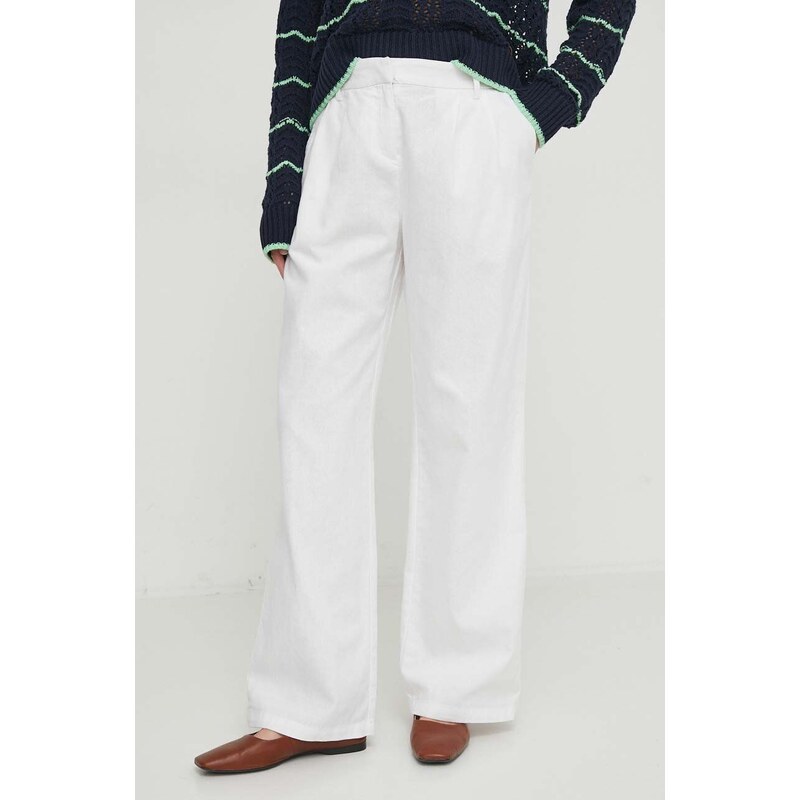 Ленен панталон Barbour в бяло със стандартна кройка, с висока талия