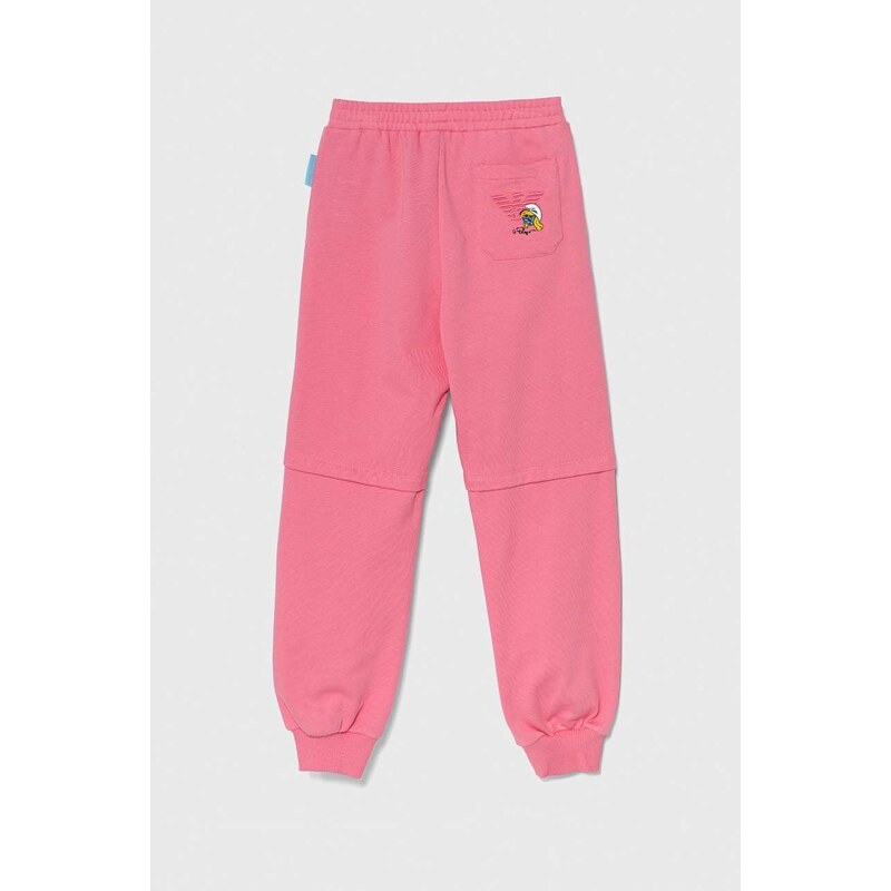 Детски памучен спортен панталон Emporio Armani x The Smurfs в розово с изчистен дизайн