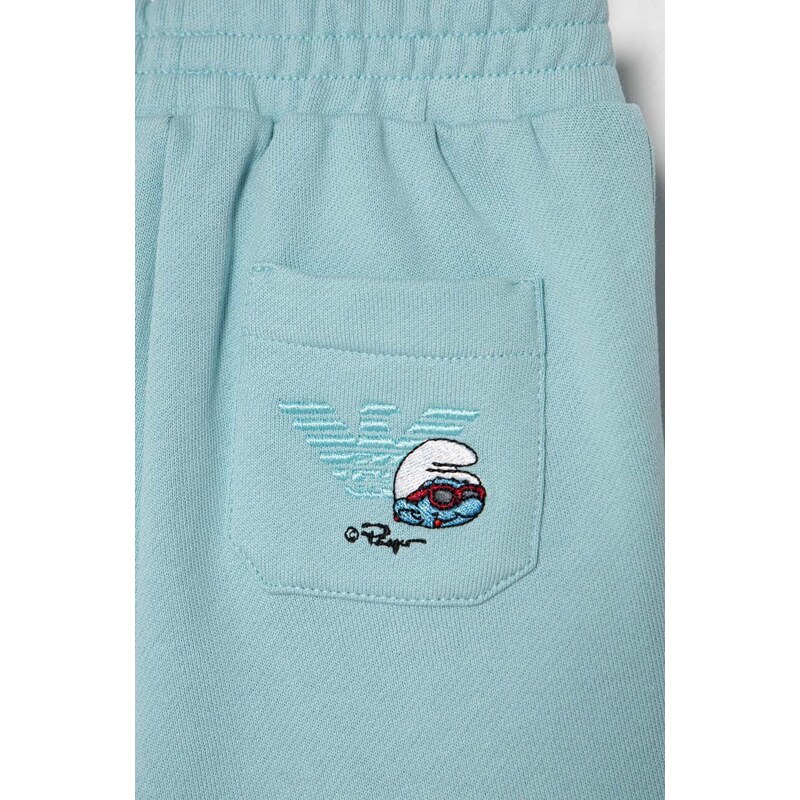 Бебешки памучен спортен панталон Emporio Armani x The Smurfs в тюркоазено с изчистен дизайн