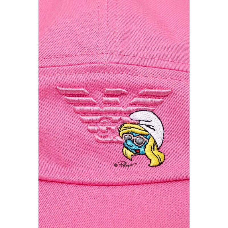 Детска памучна шапка с козирка Emporio Armani в розово с апликация
