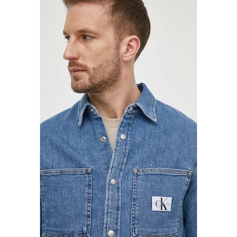 Дънкова риза Calvin Klein Jeans мъжка в синьо със стандартна кройка с класическа яка J30J324885