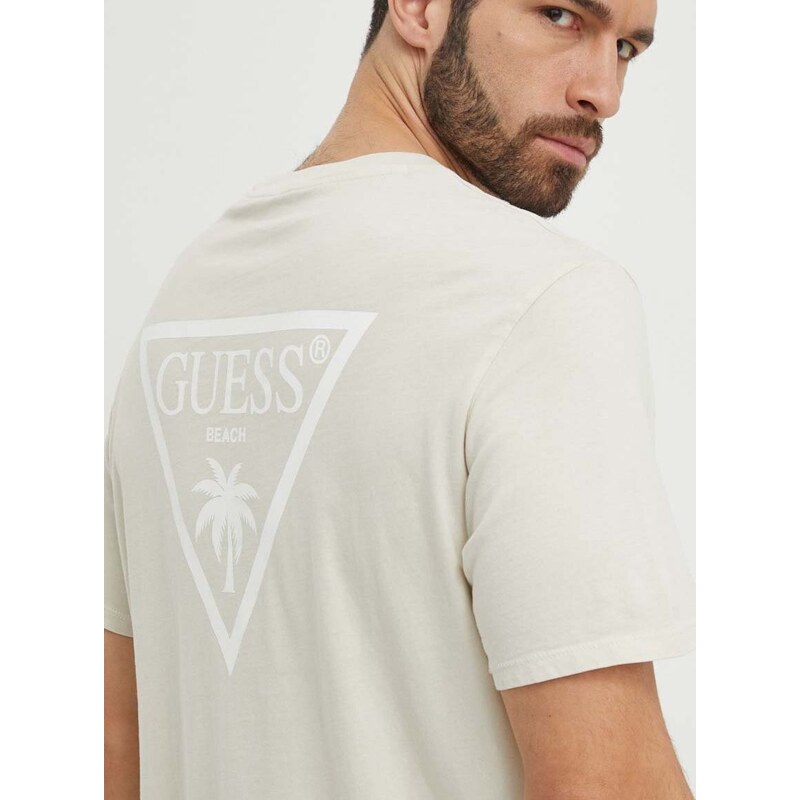 Памучна плажна тениска Guess в бежово с десен F4GI09 KA260