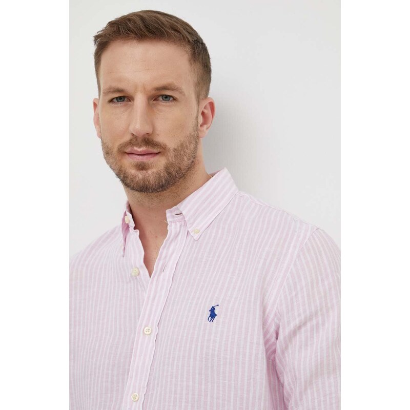 Ленена риза Polo Ralph Lauren в розово със стандартна кройка с яка копче 710873446